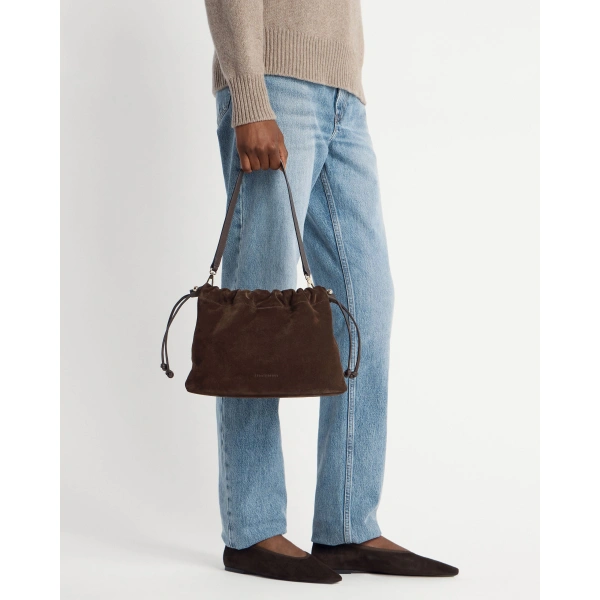 Strathberry Charlotte Midi Drawstring in Chocolate Suede, view 12 | Shoulder Bag