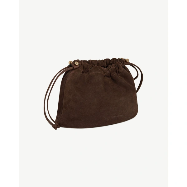 Strathberry Charlotte Midi Drawstring in Chocolate Suede, view 3 | Shoulder Bag