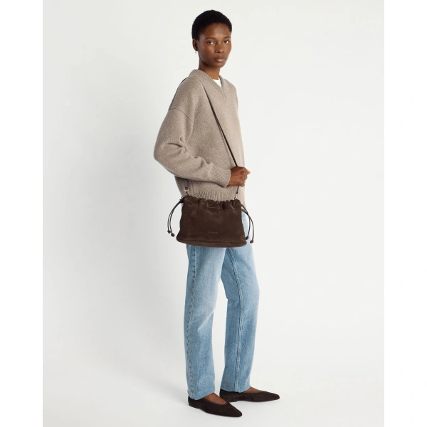 Strathberry Charlotte Midi Drawstring in Chocolate Suede, view 9 | Shoulder Bag