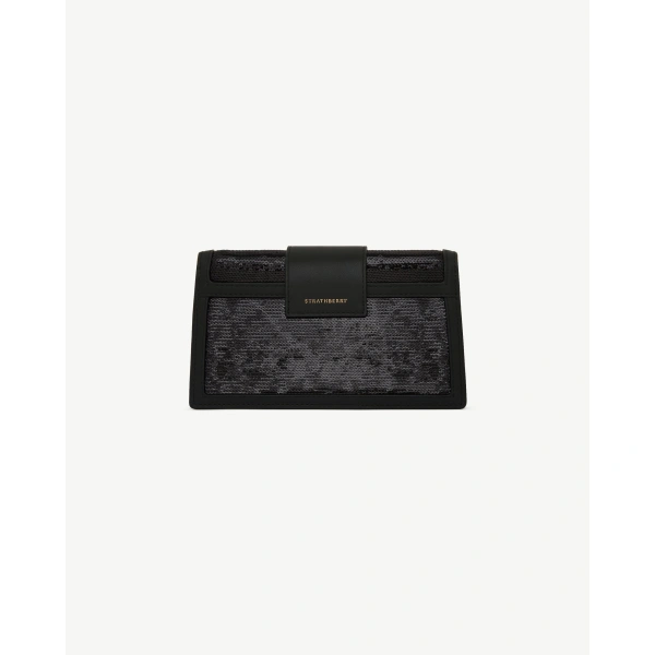 Strathberry Crescent on a Chain in Black Sequins, view 4 | Clutch Bag