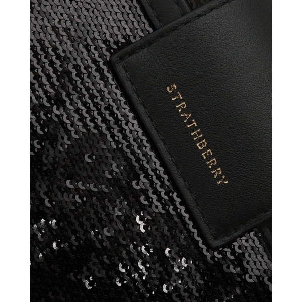 Strathberry Crescent on a Chain in Black Sequins, view 6 | Clutch Bag