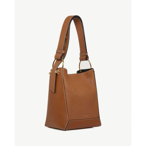 Strathberry Lana Midi Bucket Bag in Tan with Vanilla Stitch, view 3 | Shoulder Bag