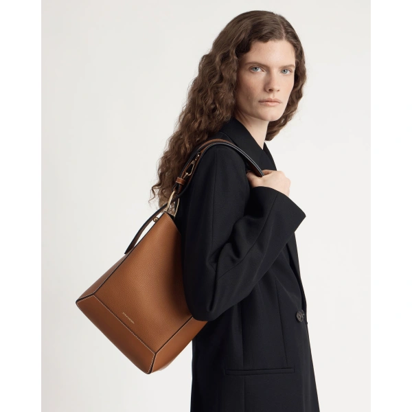 Strathberry Lana Midi Bucket Bag in Tan with Vanilla Stitch, view 8 | Shoulder Bag