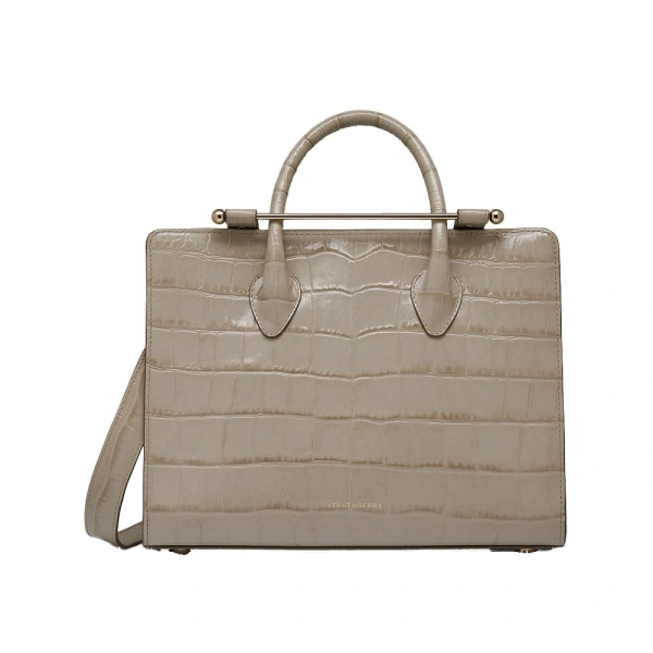 Midi Tote in Croc-embossed Leather Light Taupe