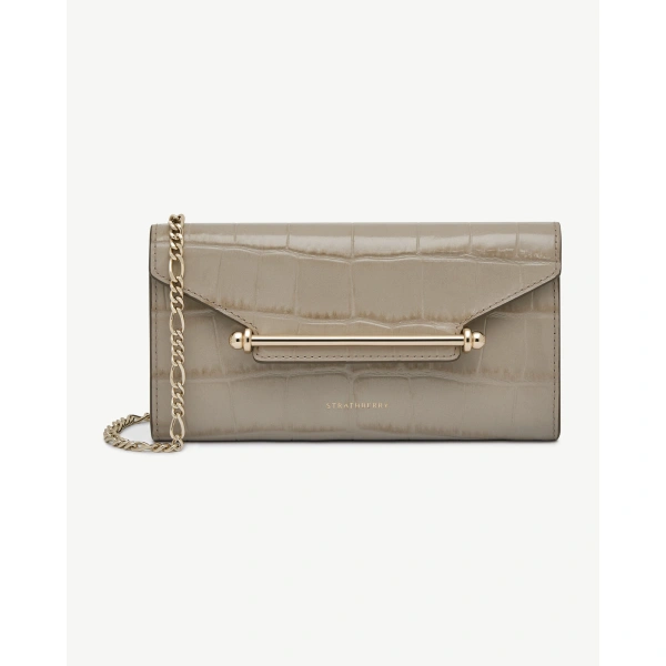 Strathberry Multrees Chain Wallet in Croc-embossed Leather Light Taupe, view 2 | Crossbody Bag