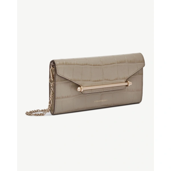 Strathberry Multrees Chain Wallet in Croc-embossed Leather Light Taupe, view 3 | Crossbody Bag