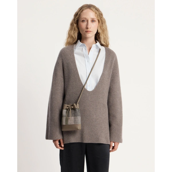 Strathberry Osette Midi Pouch in Strathberry Tartan Taupe, view 8 | Clutch Bag