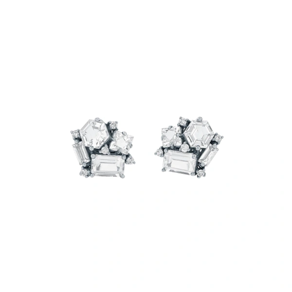 Suzanne Kalan Amalfi Blossom Studs in 14K White Gold, White Topaz | Fine Earrings | Coveti