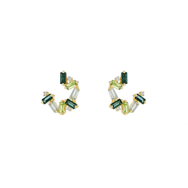 Amalfi Burst Green Mix Sideways Mini Hoops in 14K Yellow Gold