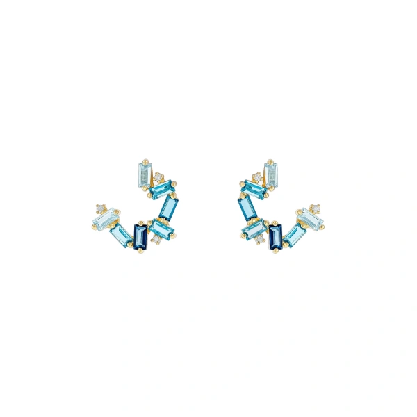 Suzanne Kalan Amalfi Burst Light Blue Mix Sideways Mini Hoops in 14K Yellow Gold | Fine Earrings | Coveti
