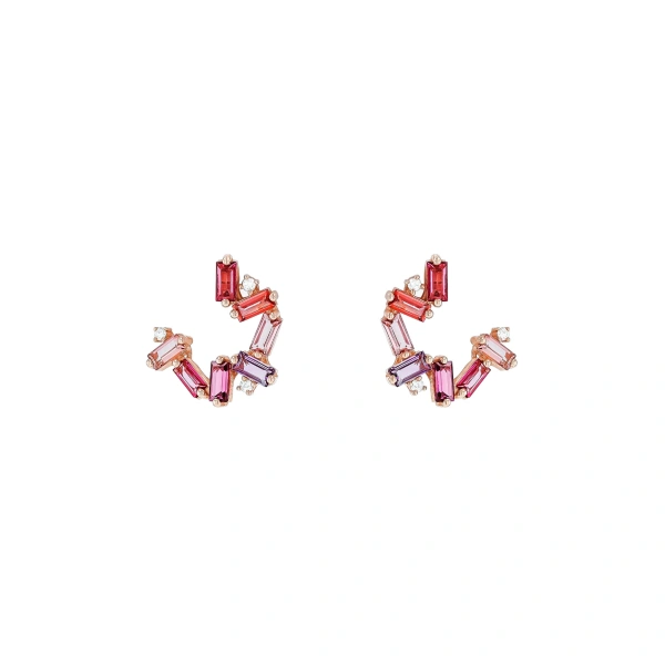 Amalfi Burst Red Mix Sideways Mini Hoops in 14K Rose Gold