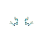 Suzanne Kalan Amalfi Burst Sideways Mini Hoops in 14K Yellow Gold, Light Blue Mix | Fine Earrings | Coveti