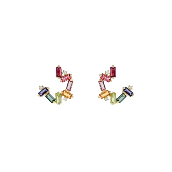 Suzanne Kalan Amalfi Burst Sideways Mini Hoops in 14K Yellow Gold, Rainbow | Fine Earrings | Coveti
