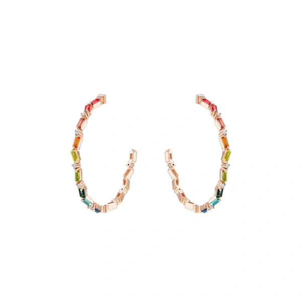 Suzanne Kalan Amalfi Burst Vertical Rainbow Milli Hoops in 14K Rose Gold | Fine Earrings | Coveti
