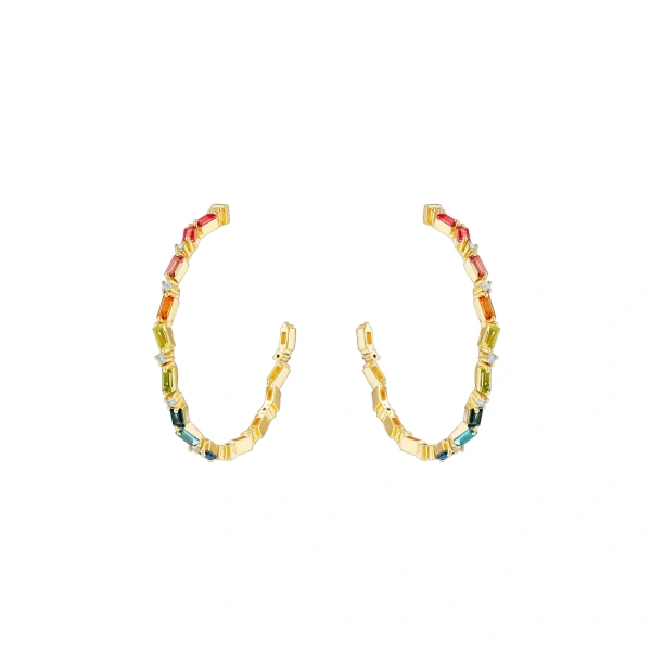 Suzanne Kalan Amalfi Burst Vertical Rainbow Milli Hoops in 14K Yellow Gold | Fine Earrings | Coveti