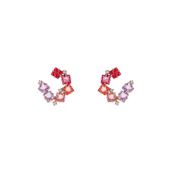 Suzanne Kalan Amalfi Clover Red Ombre Sideways Hoops in 14K Rose Gold | Fine Earrings | Coveti