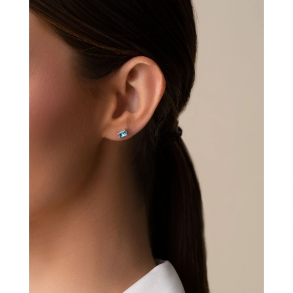Suzanne Kalan Amalfi Emerald Cut Blue Topaz Studs in 14K Yellow Gold | Fine Earrings | Coveti