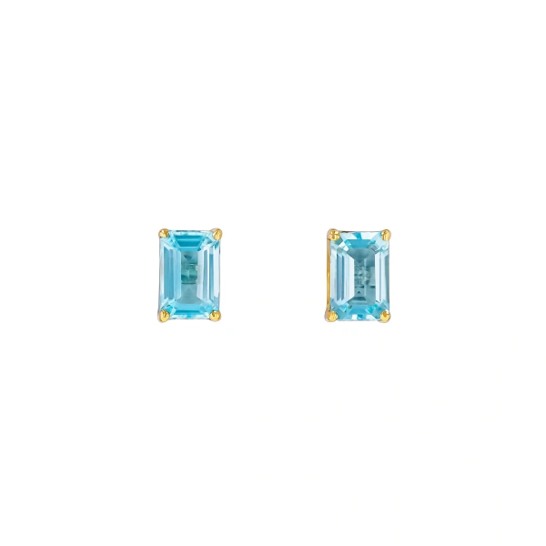 Suzanne Kalan Amalfi Emerald Cut Blue Topaz Studs in 14K Yellow Gold | Fine Earrings | Coveti