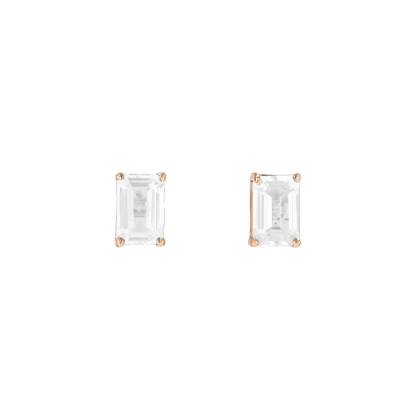 Suzanne Kalan Amalfi Emerald Cut Studs in 14K Rose Gold, White Topaz | Fine Earrings | Coveti
