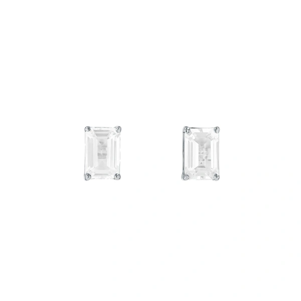 Suzanne Kalan Amalfi Emerald Cut Studs in 14K White Gold, White Topaz | Fine Earrings | Coveti