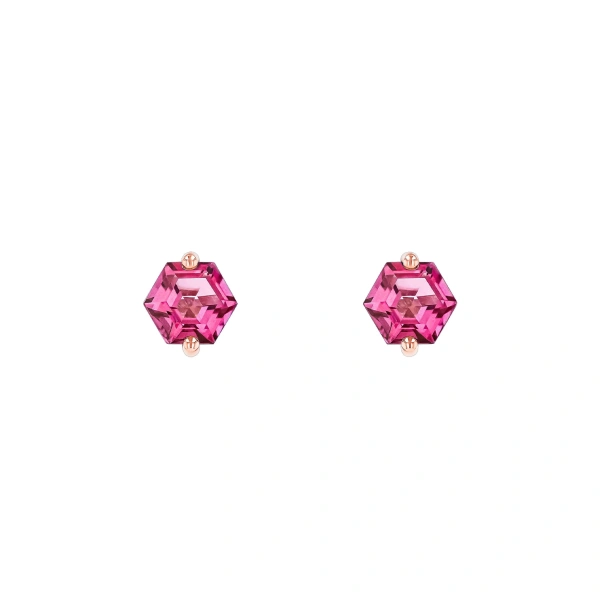 Suzanne Kalan Amalfi Hexagon Pink Topaz Studs in 14K Rose Gold | Fine Earrings | Coveti