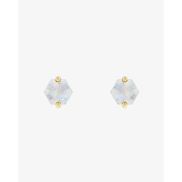 Suzanne Kalan Amalfi Hexagon Rainbow Moonstone Studs in 14K Yellow Gold | Fine Earrings | Coveti