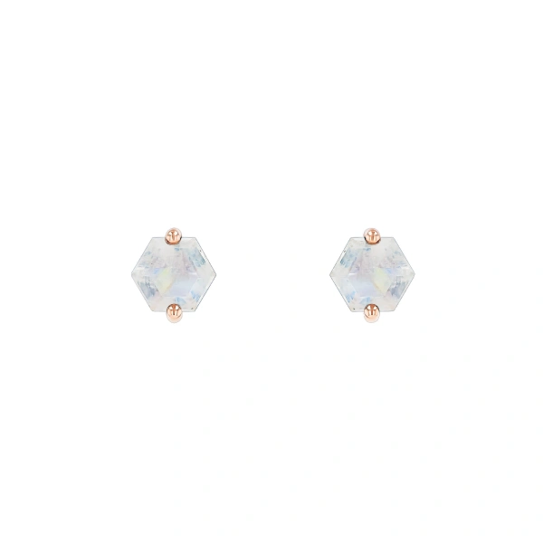 Suzanne Kalan Amalfi Hexagon Studs in 14K Rose Gold, Rainbow Moonstone | Fine Earrings | Coveti