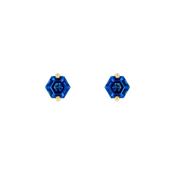 Suzanne Kalan Amalfi Hexagon Studs in 14K Yellow Gold, English Blue Topaz | Fine Earrings | Coveti