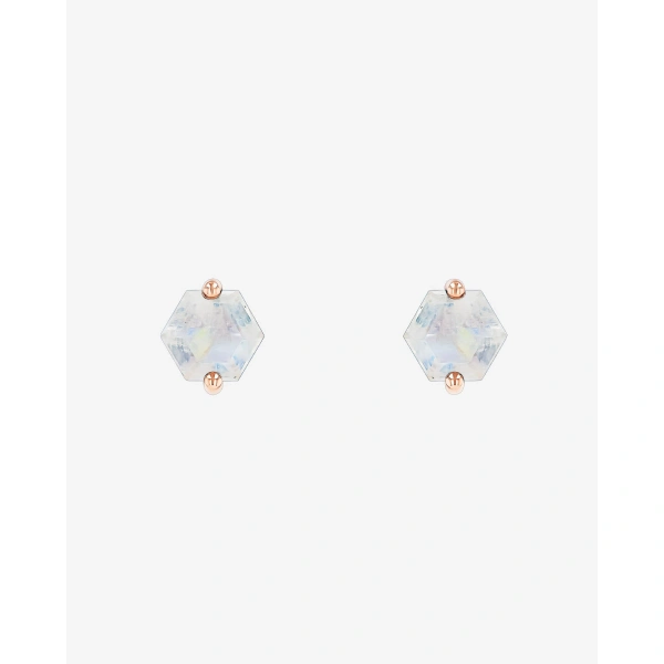 Suzanne Kalan Amalfi Hexagon Studs in 14K Yellow Gold, Rainbow Moonstone | Fine Earrings | Coveti