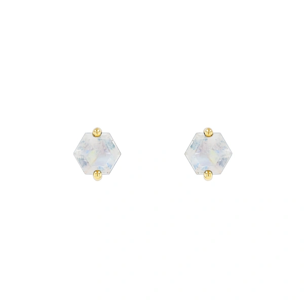 Suzanne Kalan Amalfi Hexagon Studs in 14K Yellow Gold, Rainbow Moonstone | Fine Earrings | Coveti