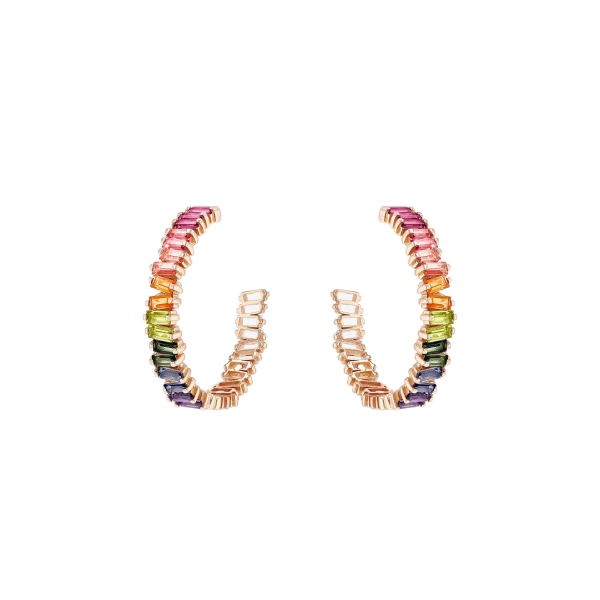 Suzanne Kalan Amalfi Horizontal Rainbow Midi Hoops in 14K Rose Gold | Fine Earrings | Coveti