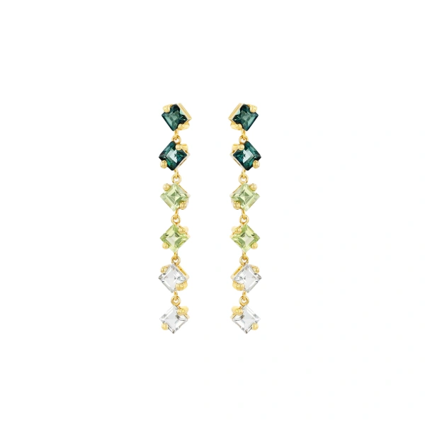 Suzanne Kalan Amalfi Princess Cut Green Ombre Midi Drop Earrings in 14K Yellow Gold | Fine Earrings | Coveti
