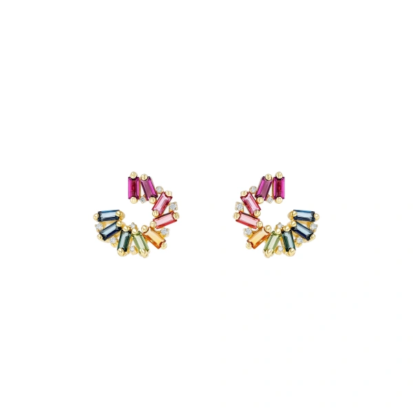 Suzanne Kalan Amalfi Reborn Rainbow Sideways Mini Hoops in 14K Yellow Gold | Fine Earrings | Coveti