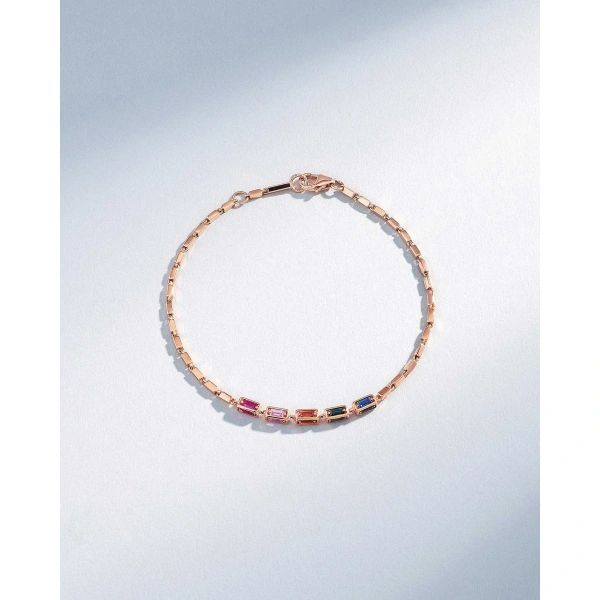 Suzanne Kalan Block-Chain Multi-Rainbow Sapphire Thin Bracelet in 18K Rose Gold | Fine Bracelets | Coveti