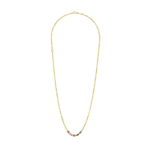 Block-Chain Multi Thin Necklace in 18K Yellow Gold, Rainbow Sapphire