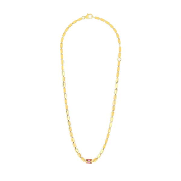 Block-Chain Single Thick Necklace in 18K Yellow Gold, Pink Sapphire