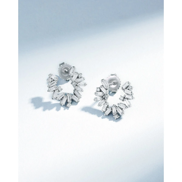 Suzanne Kalan Bold Burst Diamond Sideways Mini Hoops in 18K White Gold | Fine Earrings | Coveti