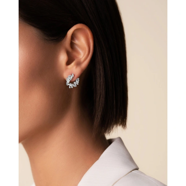 Suzanne Kalan Bold Burst Diamond Sideways Mini Hoops in 18K White Gold | Fine Earrings | Coveti