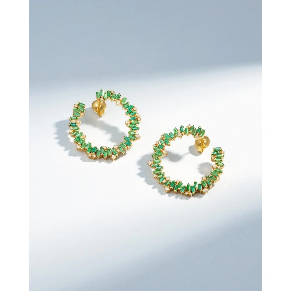 Suzanne Kalan Bold Burst Emerald Sideways Midi Hoops in 18K Yellow Gold | Fine Earrings | Coveti