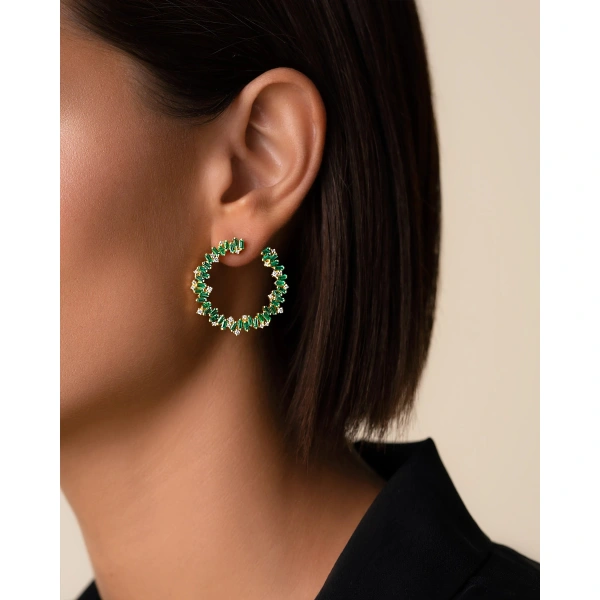 Suzanne Kalan Bold Burst Emerald Sideways Midi Hoops in 18K Yellow Gold | Fine Earrings | Coveti