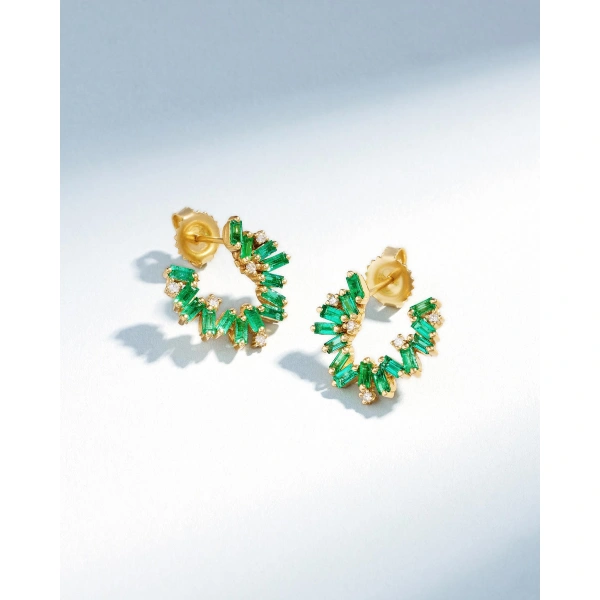 Suzanne Kalan Bold Burst Emeralds Sideways Mini Hoops in 18K Yellow Gold | Fine Earrings | Coveti