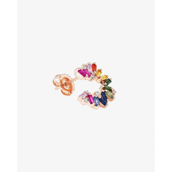 Suzanne Kalan Bold Burst Rainbow Sapphire Sideways Mini Hoops in 18K Rose Gold | Fine Earrings | Coveti