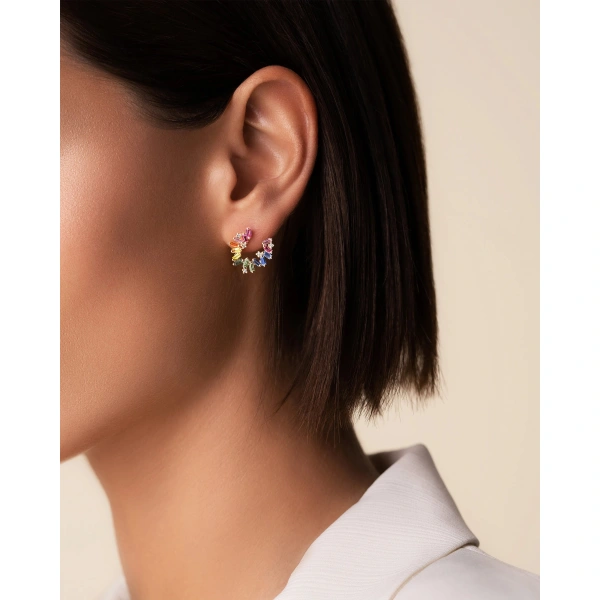 Suzanne Kalan Bold Burst Rainbow Sapphire Sideways Mini Hoops in 18K Rose Gold | Fine Earrings | Coveti