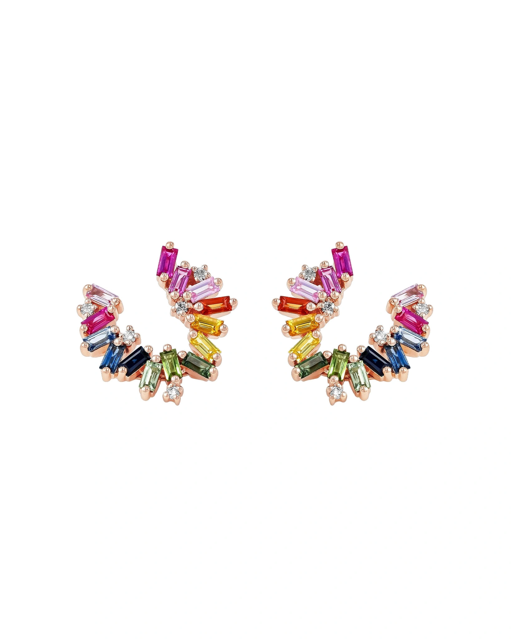 Suzanne Kalan Bold Burst Rainbow Sapphire Sideways Mini Hoops in 18K Rose Gold Suzanne Kalan Bold Burst Rainbow Sapphire Sideways Mini Hoops in 18K Rose Gold | Fine Earrings | Coveti