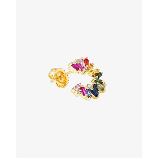 Suzanne Kalan Bold Burst Rainbow Sapphire Sideways Mini Hoops in 18K Yellow Gold | Fine Earrings | Coveti
