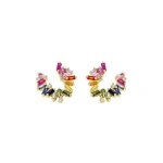 Suzanne Kalan Bold Burst Rainbow Sapphire Sideways Mini Hoops in 18K Yellow Gold | Fine Earrings | Coveti