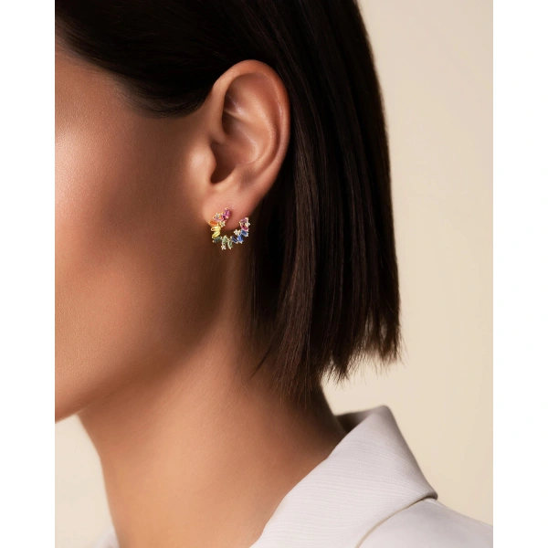Suzanne Kalan Bold Burst Rainbow Sapphire Sideways Mini Hoops in 18K Yellow Gold | Fine Earrings | Coveti