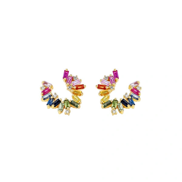 Suzanne Kalan Bold Burst Rainbow Sapphire Sideways Mini Hoops in 18K Yellow Gold | Fine Earrings | Coveti