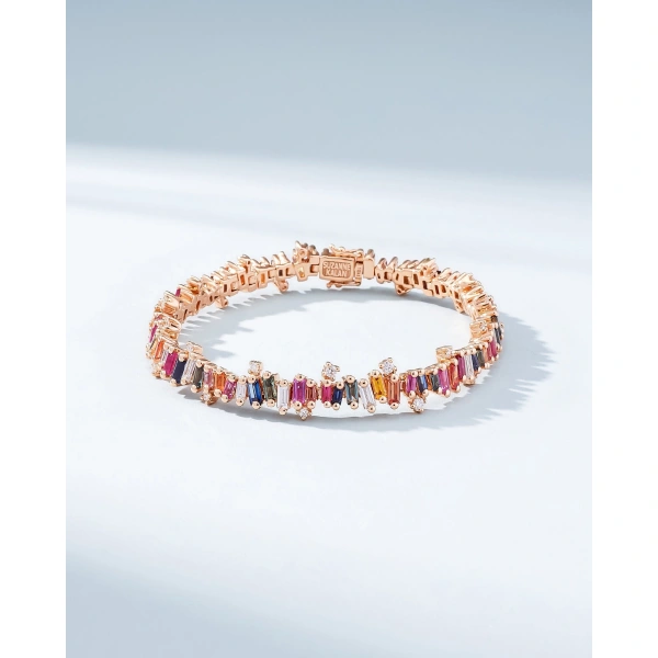 Suzanne Kalan Bold Burst Rainbow Sapphire Tennis Bracelet in 18K Rose Gold | Fine Bracelets | Coveti