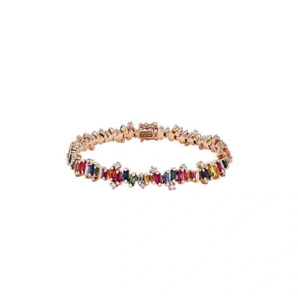 Suzanne Kalan Bold Burst Rainbow Sapphire Tennis Bracelet in 18K Rose Gold | Fine Bracelets | Coveti
